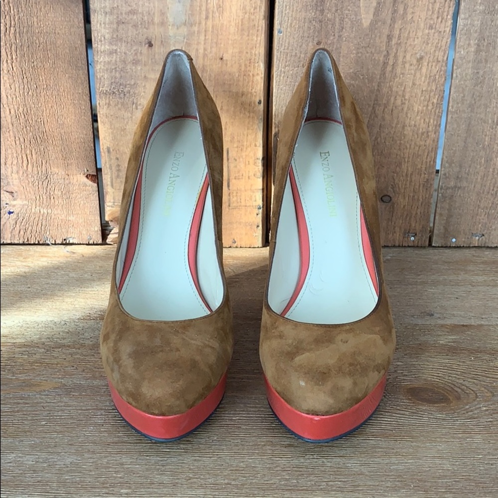 Enzo Angiolini Platform Pumps Tan Suede & Coral  8